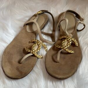 Chanel Women's Tan Sandals with Gold Accents